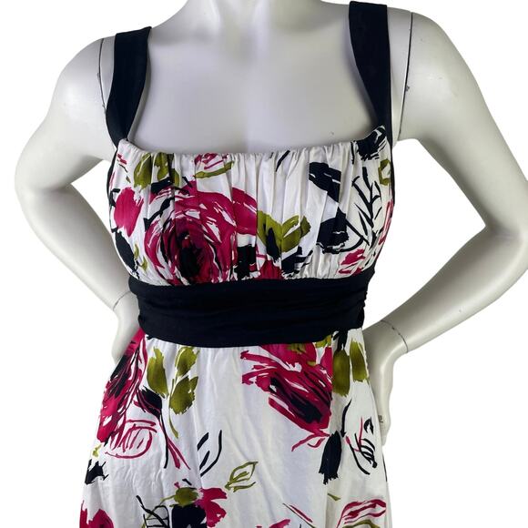 B Smart Womens White Floral Apron Midi Dress Rouched Top Pink Green Blk Bow S 10 - Picture 2 of 10